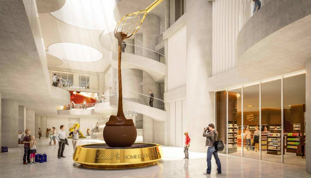 Lindt Schokozentrum mit neun Meter hohem Schokoladenbrunnen im Foyer. ©Lindt